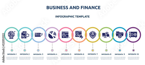 business and finance concept infographic design template. included target with an arrow, seo report, seo tags, pie chart with piece, place optimizer, monetizing, big protection shield, monitoring