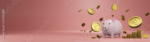 Money Piggy bank creative business concept. Realistic 3d design. Pink pig keeps gold coins. Safe finance investment. Financial services. Landing page template mockup for website. Vector illustration