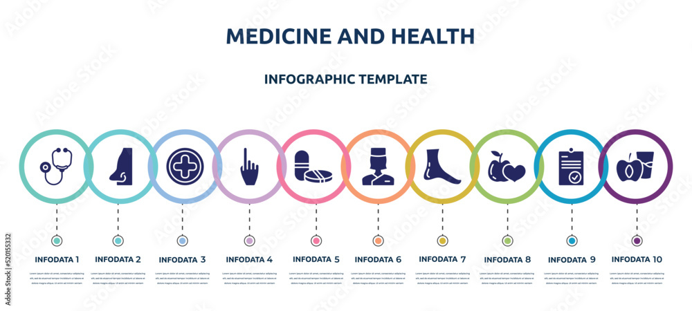 medicine and health concept infographic design template. included stethoscope, male e shape of a, hospital medical, hand gesture raising the index finger, tablet and capsule medications, medical