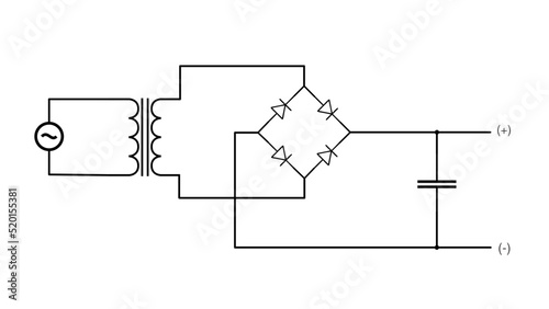 AC to DC Converter Circuit diagram with transformer. Full wave rectifiers, bridge rectifier of diodes,  smoothing capacitor.
