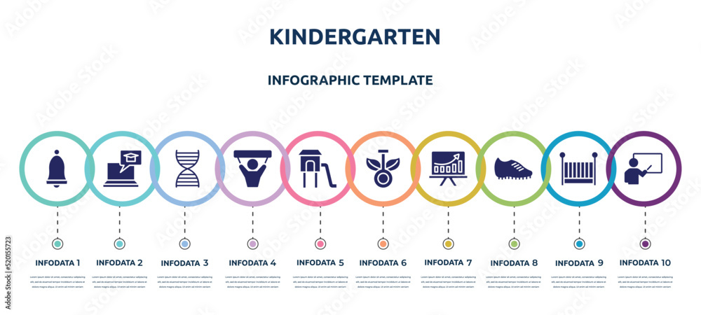 kindergarten concept infographic design template. included school alarm, elearning, dna structure, fans, children park, chlorophyll, pitch, football boots, educator icons and 10 option or steps.