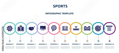 sports concept infographic design template. included whirligig, theory, treason, chalkboard, languages, e-learning, rearview mirror, yearbook, basketball gear icons and 10 option or steps.