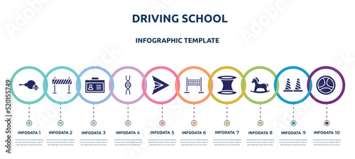driving school concept infographic design template. included table tennis, traffic barrier, student card, genetic, paper airplane, finish, wormhole, hobby horse, driving icons and 10 option or