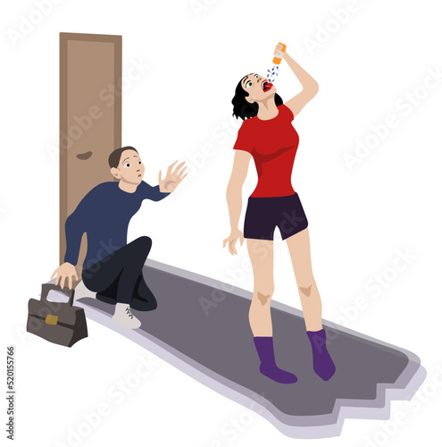 Borderline personality disorder, woman suffers from BPD, she fears abandonment and attempts to swallow all of the pills. Psychiatric condition, mood swings, instability