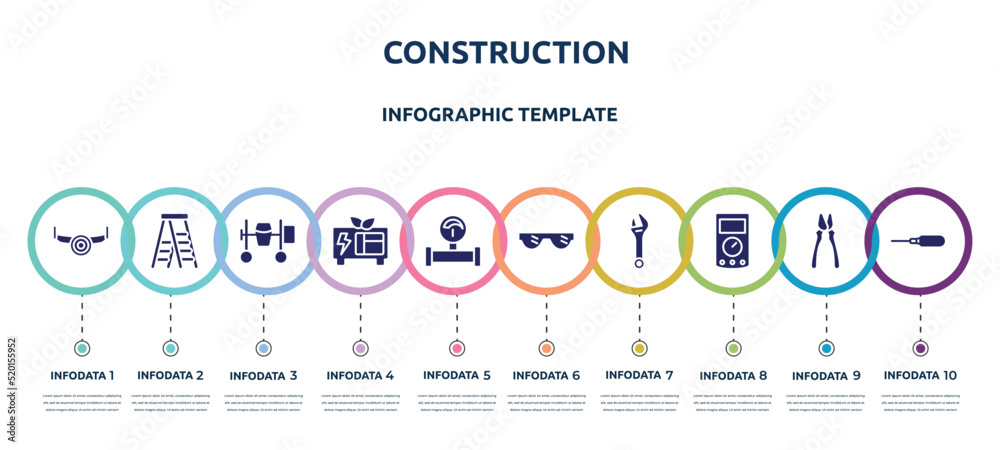 construction concept infographic design template. included sawmill, stepladder, cement mixer, green power, gas pipe, eye protection, spanner, ammeter, autoloader icons and 10 option or steps.