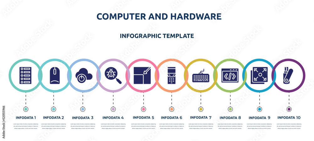 computer and hardware concept infographic design template. included list of options, intosh mouse, descendant, bugs search, resize page, folding phone, intosh keyboard, css code, flash card icons