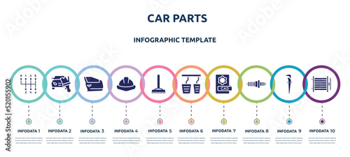 car parts concept infographic design template. included gear stick, car painting, car door, utensils, gardening rake, accelerator, cad, spark plug, condenser icons and 10 option or steps.
