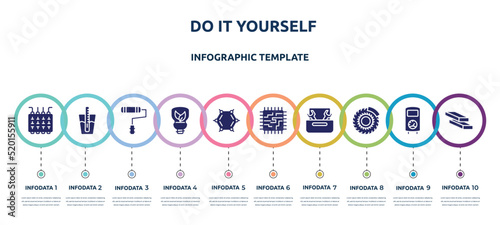 do it yourself concept infographic design template. included fuse box, tester, painter roller, ecologic light bulb, benzene, motherboard, nuts and bolts, brake disc, firewood trunks stacked icons