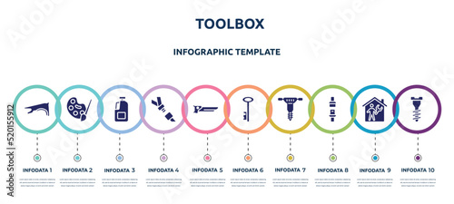 toolbox concept infographic design template. included fender, pallete, gallon oil, seatbelt, carpenter saw, antique key, hydraulic breaker, seat belt, garage screw icons and 10 option or steps.
