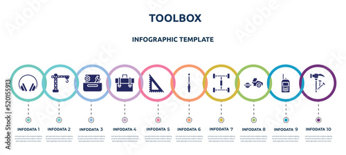 toolbox concept infographic design template. included ear protection, lifter, wrench and nut, businessman portfolio, , repair screwdriver, chassis, steamroller, hammer and nail icons and 10 option