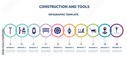 construction and tools concept infographic design template. included screws, glassblowing, handheld, barricade, beadwork, plumb bob, wood plane, barrow, puncture icons and 10 option or steps.