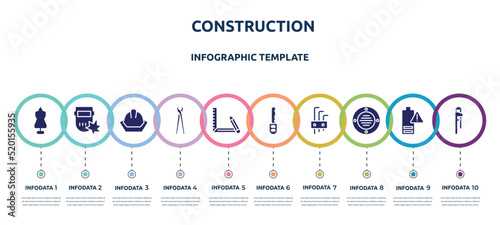 construction concept infographic design template. included tailor, weld, head protection, pincers, drawing tool, car key, allen keys, extractor, hand tool icons and 10 option or steps.