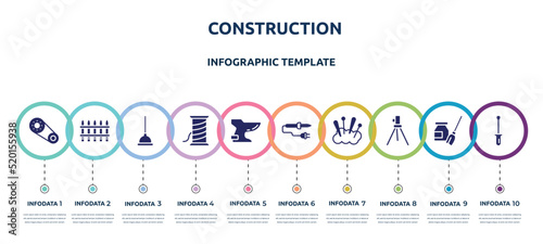 construction concept infographic design template. included timing belt, fences, plunger, copper wire, bidet, soldering iron, cushion, geodetic, screwdrivers icons and 10 option or steps.
