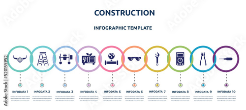 construction concept infographic design template. included sawmill, stepladder, cement mixer, green power, gas pipe, eye protection, spanner, ammeter, autoloader icons and 10 option or steps.