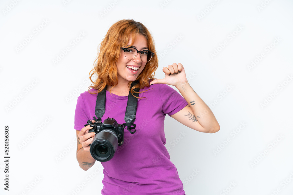 Young photographer caucasian woman isolated on white background proud and self-satisfied Young photographer caucasian woman isolated on white background proud and self-satisfied