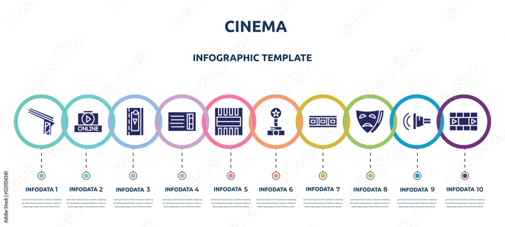 cinema concept infographic design template. included hitman, on, video clip, prompt box, freeze frame, film award, filmstrip, tragedy, photograms icons and 10 option or steps.