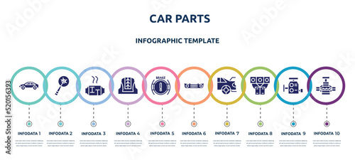 car parts concept infographic design template. included car hard top, car crank, catalytic converter, cowl, brake light, bumper, boot, manifold, jack icons and 10 option or steps.