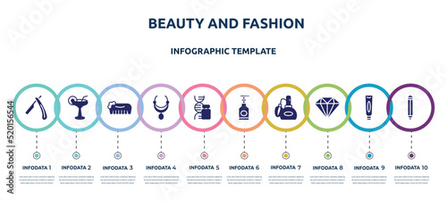 beauty and fashion concept infographic design template. included open razor, martini glass with straw, hand comb, aztec necklace, gene, hand soap, perfume retro bottle, big diamond, eye pencil icons