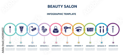 beauty salon concept infographic design template. included two hairpins, anti aging cream, shower head, hair rollers, women handbag, hairdryer facing left, woman eye, makeup purse, inc icons and 10