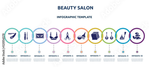 beauty salon concept infographic design template. included straight razor, gloss, false eyelashes, women brassiere, manicure scissors, hair dye kit, cleaning wipes, two earrings, three stones icons