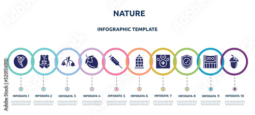 nature concept infographic design template. included tornado, waistcoat, harebell, hazelnut, syringe, cage, veterinarian, guard, acorn icons and 10 option or steps.