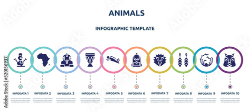 animals concept infographic design template. included snowman, africa, sphinx, drum, diving, backpack, hedgehog, earrings, squirrel icons and 10 option or steps.