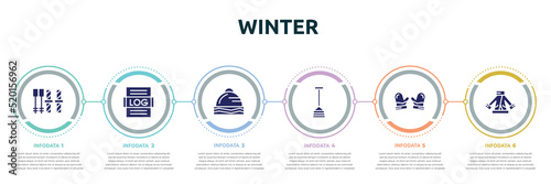 winter concept infographic design template. included ski equiptment, logs, winter cap, winter shovel, mittens, fur coat icons and 6 option or steps.