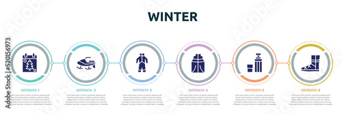 winter concept infographic design template. included christmas day, snowmobile, snowsuit, anorak vest, themos flask, winter boots icons and 6 option or steps.