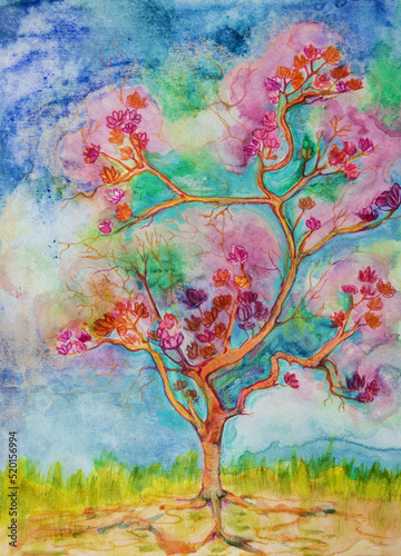 Tree with lotusflowers. The dabbing technique near the edges gives a soft focus effect due to the altered surface roughness of the paper. photo