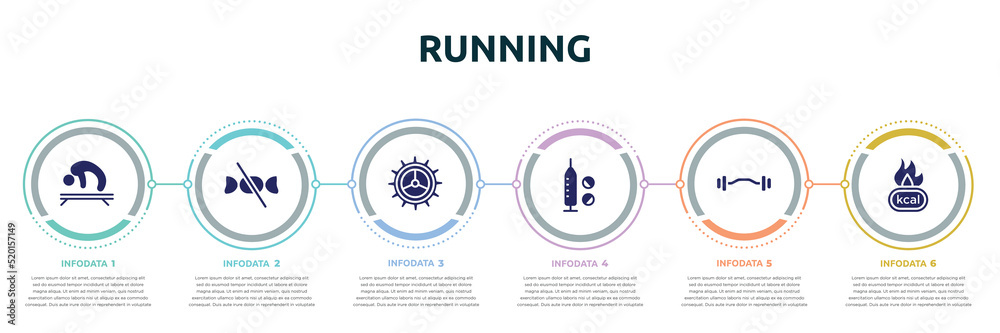running concept infographic design template. included gymnastics, no sweets, crank, doping, ez bar, calories icons and 6 option or steps.