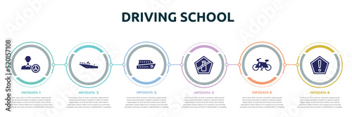 driving school concept infographic design template. included instructor, motorboat, ferry boat, no liquid, electric bike, precaution icons and 6 option or steps.