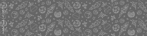 Seamless pattern with doodle space objects. Hand drawn background. Vector illustration.