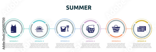 summer concept infographic design template. included sleeveless, sun at sea, sand bucket and shovel, sangria, beach bag, postcard icons and 6 option or steps.
