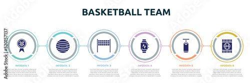 basketball team concept infographic design template. included down indicator, yoga ball, volleyball net, pulsometer, boxing bag, blue card icons and 6 option or steps.