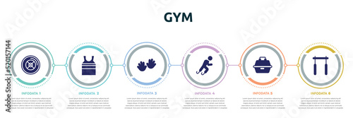 gym concept infographic design template. included weight plates, tanktop, hand, paralympics, tackle box, horizontal bar icons and 6 option or steps.