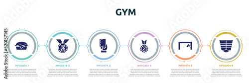 gym concept infographic design template. included pies, third place, yellow card, second place, football goal, abs icons and 6 option or steps.