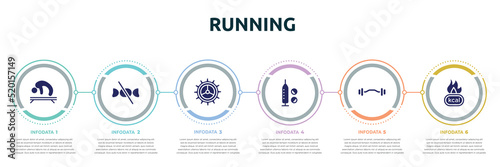 running concept infographic design template. included gymnastics, no sweets, crank, doping, ez bar, calories icons and 6 option or steps.