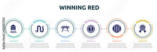 winning red concept infographic design template. included stilt house, earthworm, vaulting horse, number one, medicine ball, first prize icons and 6 option or steps.