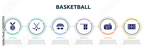 basketball concept infographic design template. included bronze, field hockey, swimming hat, offside, tuna can, basketball field icons and 6 option or steps.