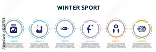 winter sport concept infographic design template. included protein powder, steroids, swiss bar, head hitting, handgrip, hockey arena icons and 6 option or steps.