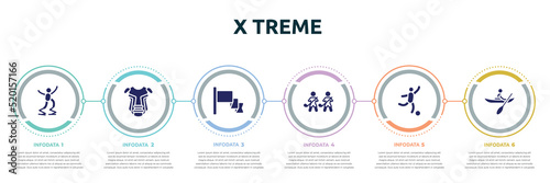 x treme concept infographic design template. included powerbocking, chest guard, red flag, home team, soccer game, kayaking icons and 6 option or steps.