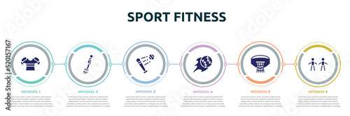 sport fitness concept infographic design template. included armour, flyboard, battered ball, home run, basketball hoop, body mass index icons and 6 option or steps.
