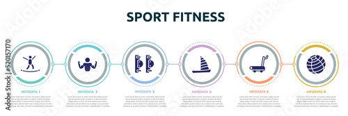 sport fitness concept infographic design template. included highlining, bodybuilder, elbow pads, catamaran, treadmill hine, fitness ball icons and 6 option or steps.