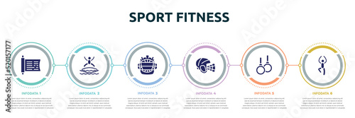 sport fitness concept infographic design template. included sacred scriptures, blobbing, catcher mask, hockey helmet, gymnastic rings, yoga pose icons and 6 option or steps.