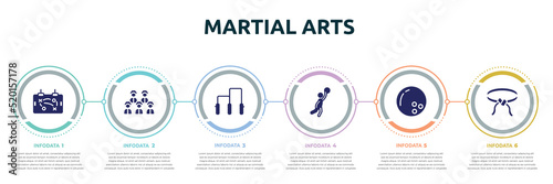 martial arts concept infographic design template. included tactic, baseball team, gym bars, team player, bowling ball, belts icons and 6 option or steps.