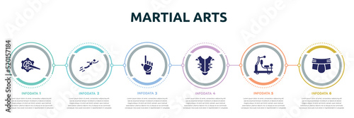 martial arts concept infographic design template. included crank arm, free flying, foam hand, chest protection, gym station, jockstrap icons and 6 option or steps.