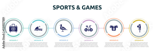 sports & games concept infographic design template. included emergencies, go kart, seagulls, mountain bike, protections, crocket icons and 6 option or steps.