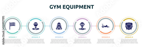 gym equipment concept infographic design template. included black flagged, judoka, horsewoman, skydiver, kart racing, headgear icons and 6 option or steps.