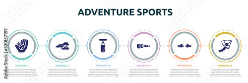 adventure sports concept infographic design template. included baseball ball, apex, sand bag, dive light, punching, hang glider icons and 6 option or steps.