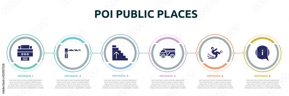 poi public places concept infographic design template. included portable printer, parking barrier, ascending stairs, minivan taxi, slippery, information icons and 6 option or steps. poi public places concept infographic design template. included portable printer, parking barrier, ascending stairs, minivan taxi, slippery, information icons and 6 option or steps.